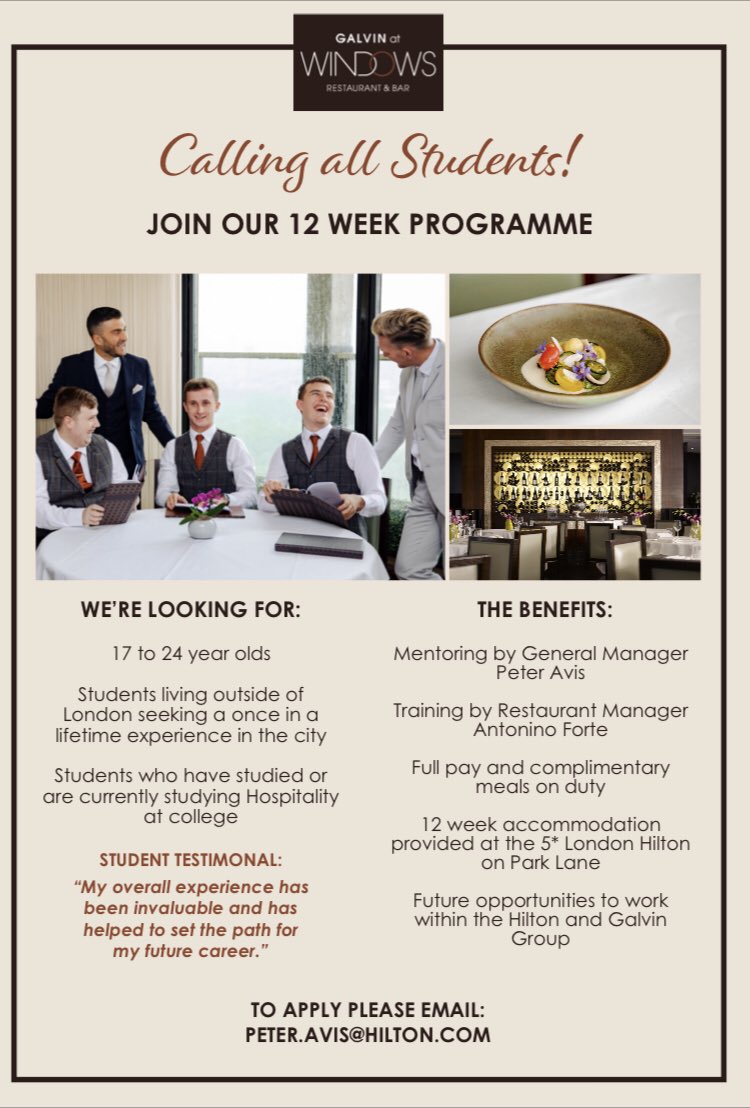 Great opportunity with <a href="/Avis111/">Peter Avis FIH</a> and <a href="/GalvinatWindows/">Galvin at Windows Restaurant & Bar</a>