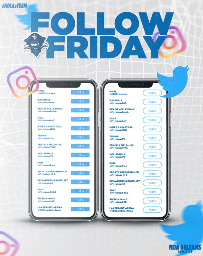 Hey Privateer Fans, it’s #FollowFriday

Be sure to tap the follow button on all Privateer sport specific and athletics associated accounts for all New Orleans Sports content and updates!

#NOLAsTeam⚔️| <a href="/UofNO/">University of New Orleans</a>