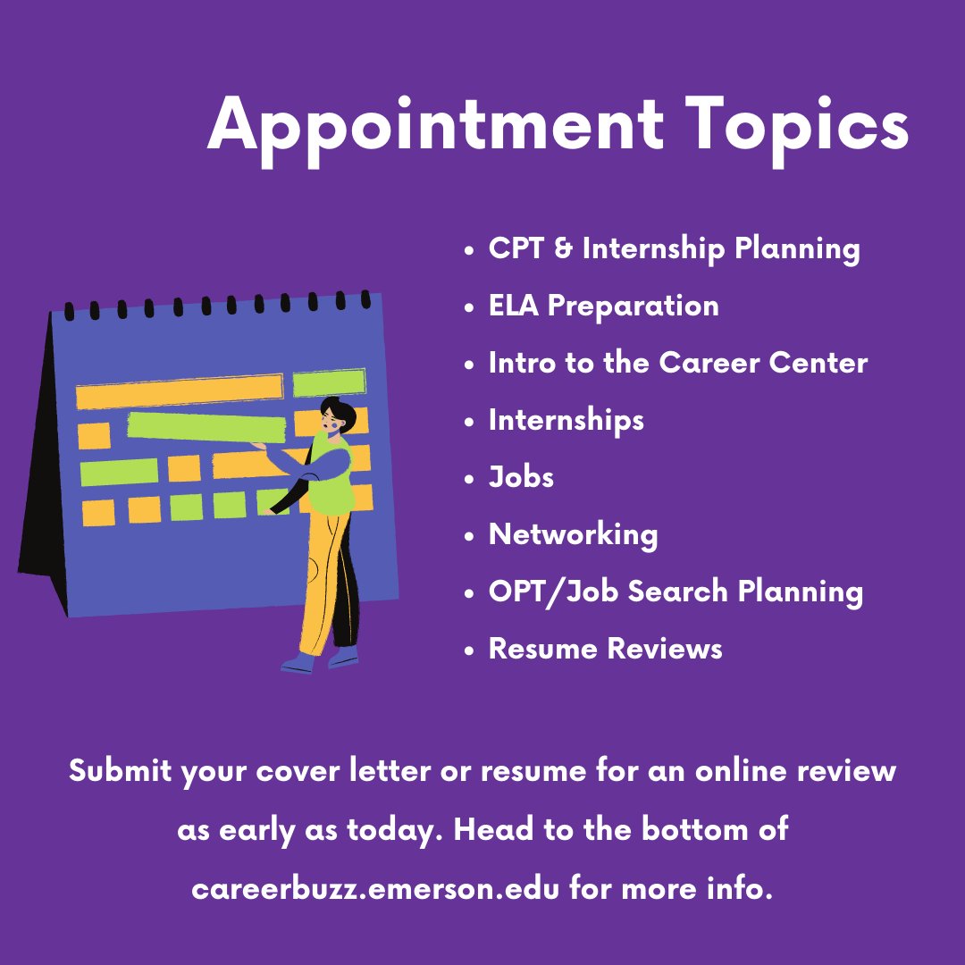 Connect with us this semester for career counseling appointments, employer events, workshops, and more! We're sharing a quick reminder of how we can help you along your career journey.