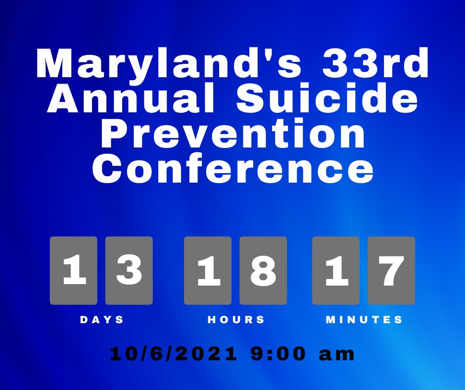 mdhsuicideprev's tweet photo. Join us on 10/06/2021 for Maryland's 33rd Annual Suicide Prevention Conference.
Register: https://t.co/dv92Qxg7HE
This event is co-sponsored by the University of Maryland Training Center.
#suicideprevention #MASPC33 #connectingrespondingrecovering https://t.co/eumM5Yhcf8
