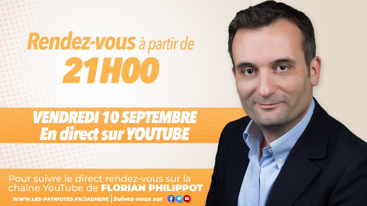 _LesPatriotes69's tweet photo. 💬@f_philippot sera en direct sur sa chaîne YouTube ce soir à partir de 21:00
https://t.co/8ckpzTzUGL
N’oubliez pas de vous abonner et activer la cloche 🔔 des notifications pour ne rien louper
#FlorianPhilippot #DirectYoutube #Frexit https://t.co/VIFQxExAfw