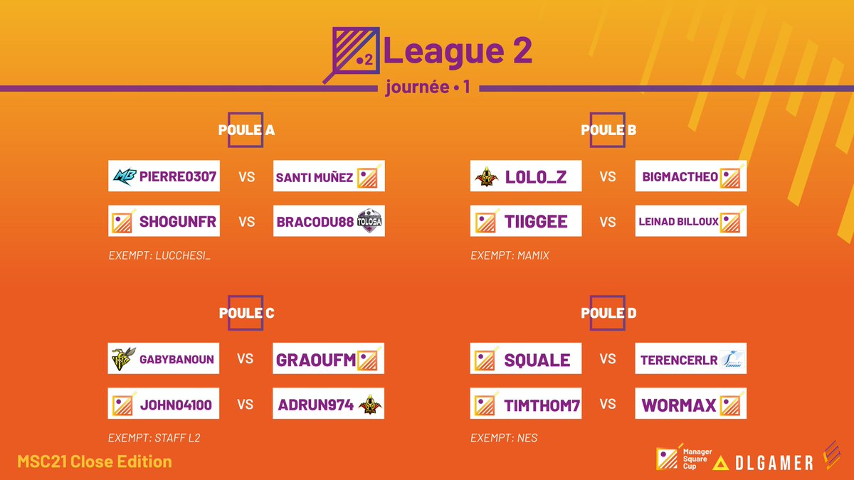 🗓️Journée 1 - MSC 2021 Open Edition - League 2

🟣🟡🟠

Voici le calendrier de la J1 du 11/09 au 17/09.

<a href="/BruniauxPierre/">pierre0307</a> (<a href="/MindBlueeSports/">Mind Blue</a>) rencontre <a href="/CoachSantiMunez/">Santi Munez</a> pour ce 1er match !

Bonne chance à tous!

🤝Merci <a href="/DLGamer/">DLGamer</a> pour le soutien.

#FM21 #eSport #MSC #MSCL2