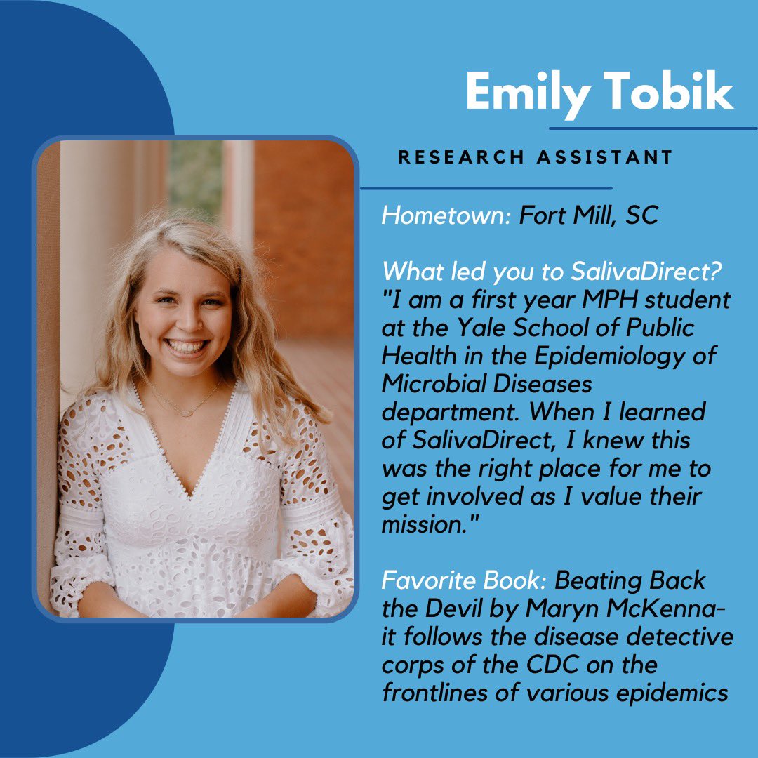 saliva_direct's tweet image. Meet a few of our staff members here at @saliva_direct ! This week&apos;s feature includes our program manager, Brittany Choate, and two of our research assistants, Emily Tobik and Lily Kitfield-Vernon. 

#featuredstafffridays #spitsquad #meettheteam #SalivaDirect #Yale #ysph