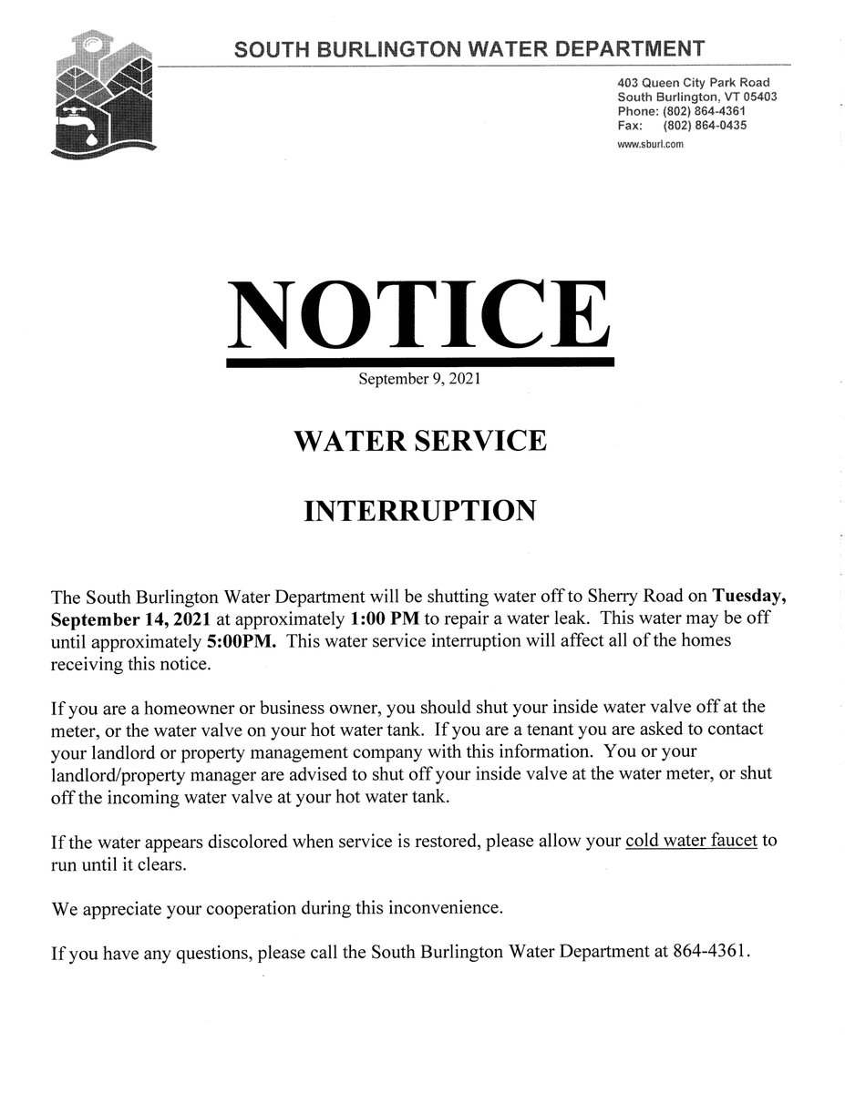 SBPubWorks's tweet image. Water service interruption notices attached for next Tuesday along and near Vale Drive and Sherry Road

@SBCityVT
