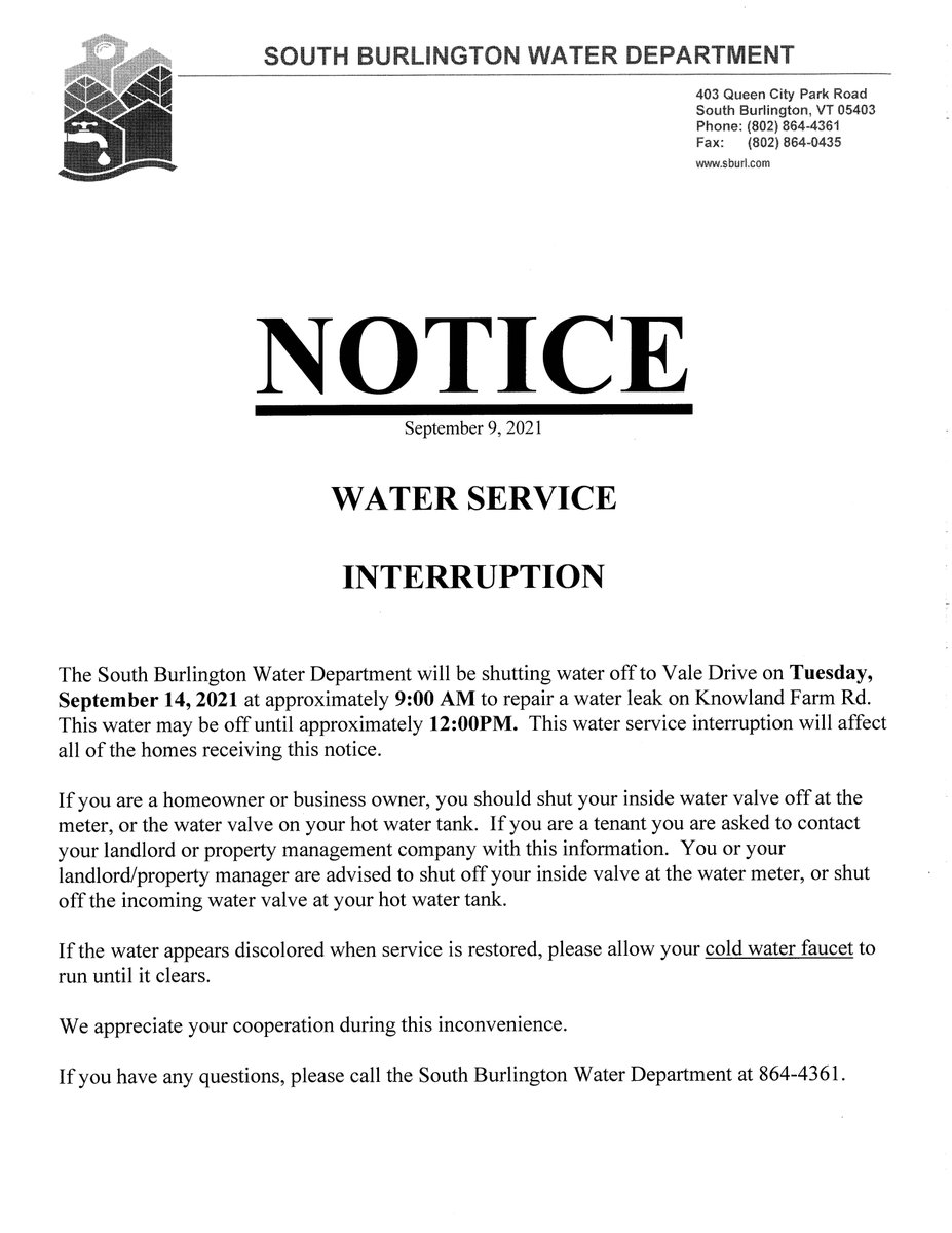 SBPubWorks's tweet image. Water service interruption notices attached for next Tuesday along and near Vale Drive and Sherry Road

@SBCityVT