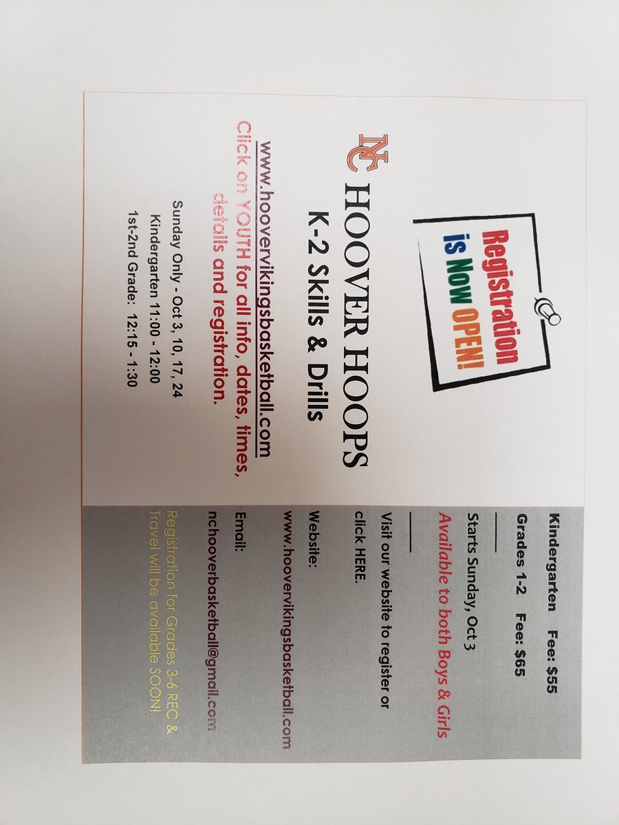 Hey Vikings!!   Kindergarten, 1st, and 2nd grades skill and drill registration is open!!  Coach Bluey is excited to see all of you soon! Get registered and start warming up!
#BurntheBoats 
#HooverHoops