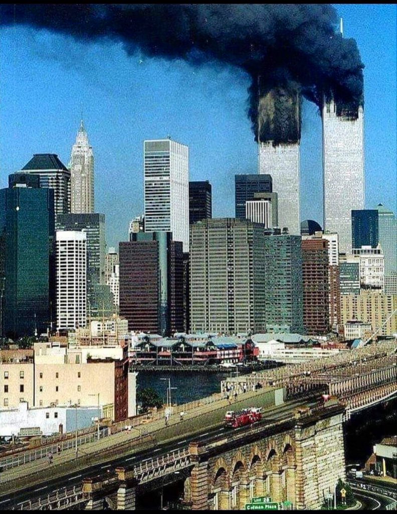 At the bottom of this picture is FDNY’s Ladder 118 on their way to the Twin Towers on 9/11. Every single man on that truck died trying to rescue people that day. #NeverForget