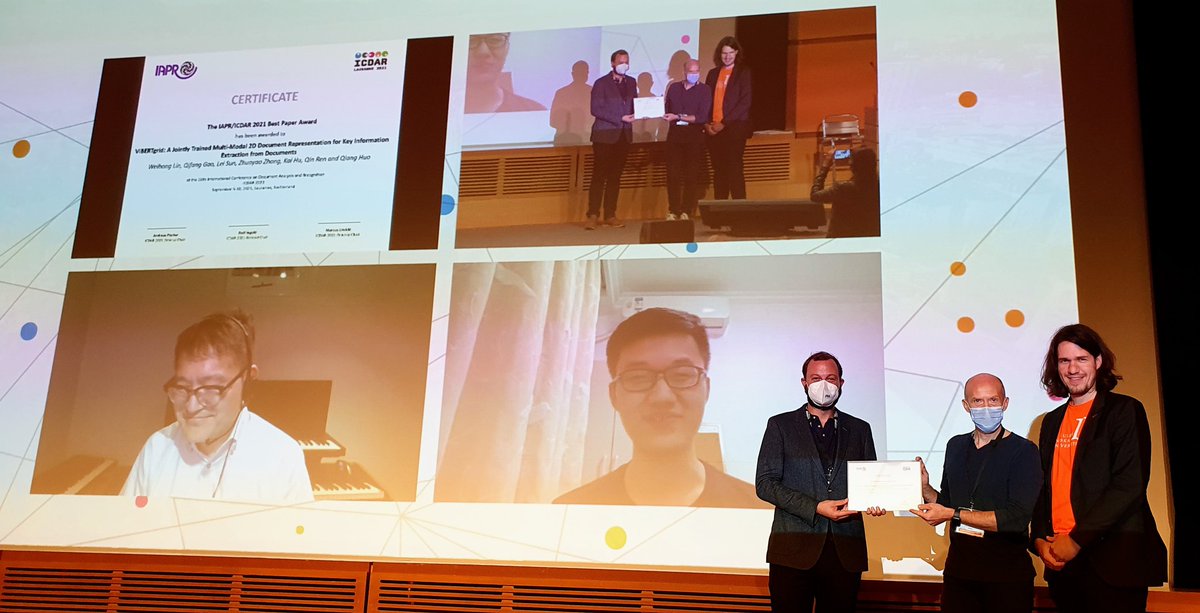Congratulations to Weihong Lin, Qifang Gao, Lei Sun, Zhuoyao Zhong, Kai Hu, Qin Ren, and Qiang Huo for winning the IAPR/ICDAR 2021 Best Paper Award (ViBERTgrid: A Jointly Trained Multi-Modal 2D Document Representation for Key Information Extraction from Documents)! #icdar2021