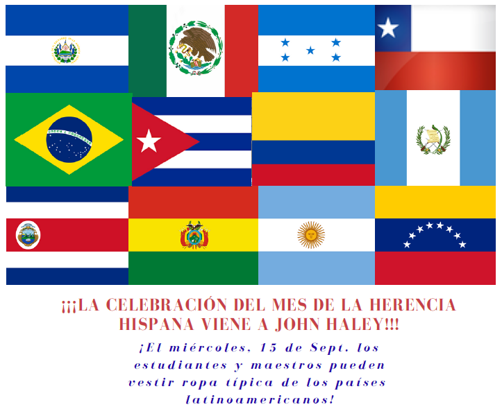 <a href="/JHaleyBulldogs/">John Haley Elementary</a> celebraremos el comienzo del mes de la Herencia Hispana usando atuendos de países latinoamericanos el miércoles 9/15/21. ¡No te pierdas la diversión! <a href="/Laubscr/">Mrs. L. Benavides ✏️</a> @VioletaOjeda5 <a href="/mscastillo105/">Joselyn Castillo</a> @IHernandezJH <a href="/Ms_WMorales/">Wendy Morales</a> <a href="/RiosLiteracy/">Melinda Rios</a> <a href="/19kHerrera/">Maria Herrera</a>