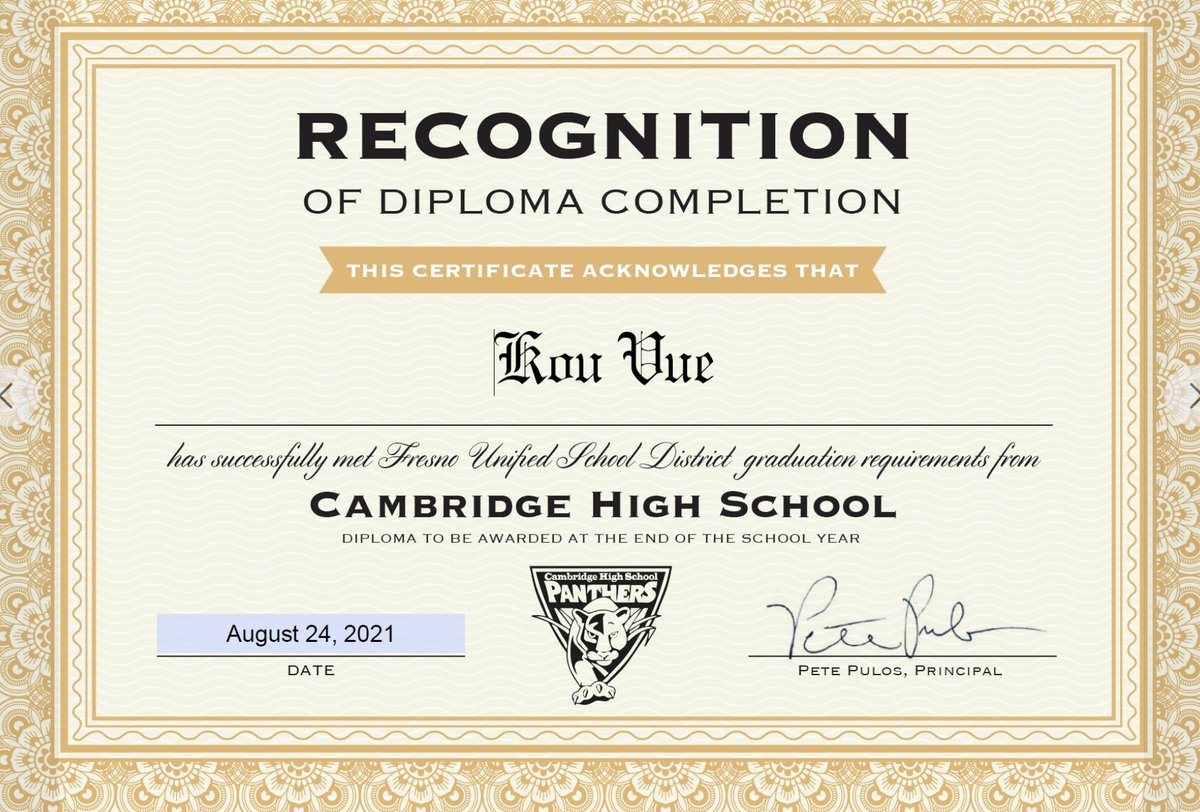 Cambridge High School is proud to announce Kou Vue as our newest graduate. Way to go Kou!!! Who's next?? Go Panthers!!!