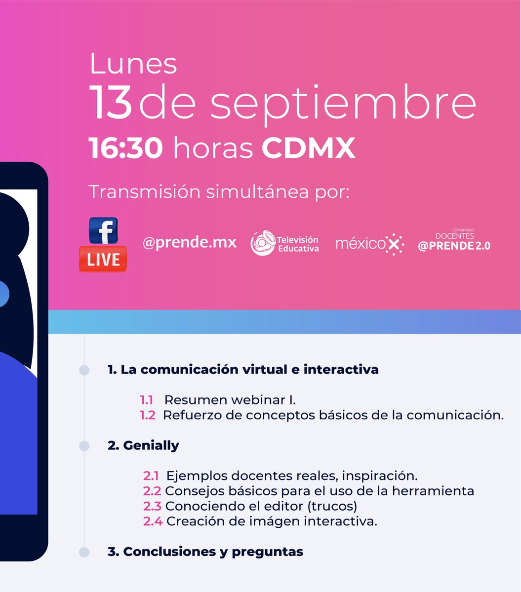 Este lunes tendremos un segundo #webinar sobre comunicación educativa virtual e interactiva con <a href="/ClaudioGenially/">Claudio Saavedra H.</a>. 🙋🏻‍♂️

Acá el evento en Facebook para que no se lo pierdan. <a href="/prende_mx/">@Prende.mx</a> 👉🏼fb.me/e/1ft0VJMC9

🗓 13 septiembre
⏰ 16:30