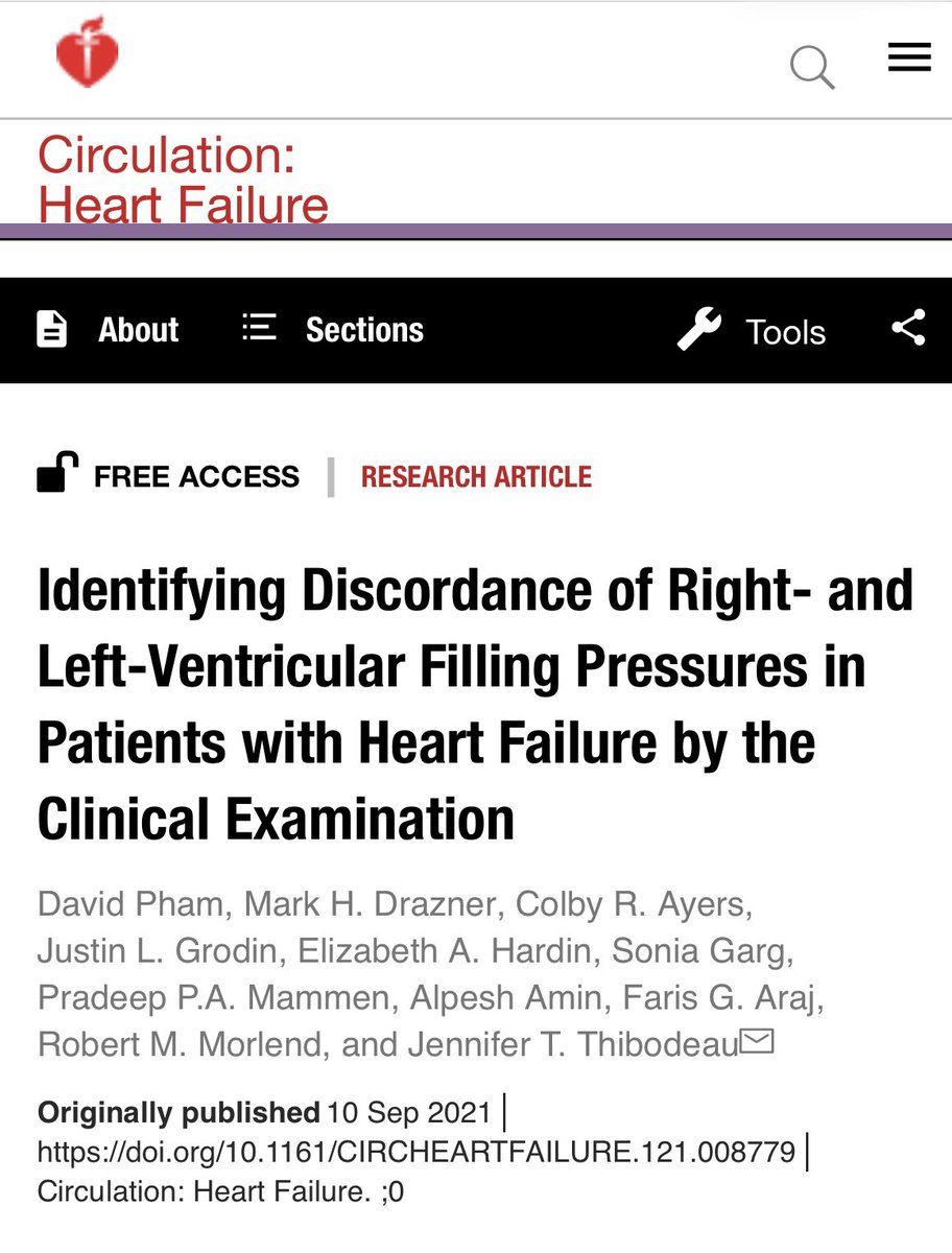 Our study assessing ability to detect discordance of R vs L filling pressures by clinical exam is now out in <a href="/CircHF/">Circ: Heart Failure</a>. While accurate assessment of #JVP is possible, identifying discordance of right atrial and pulmonary capillary wedge pressures was not. Role for right heart cath?