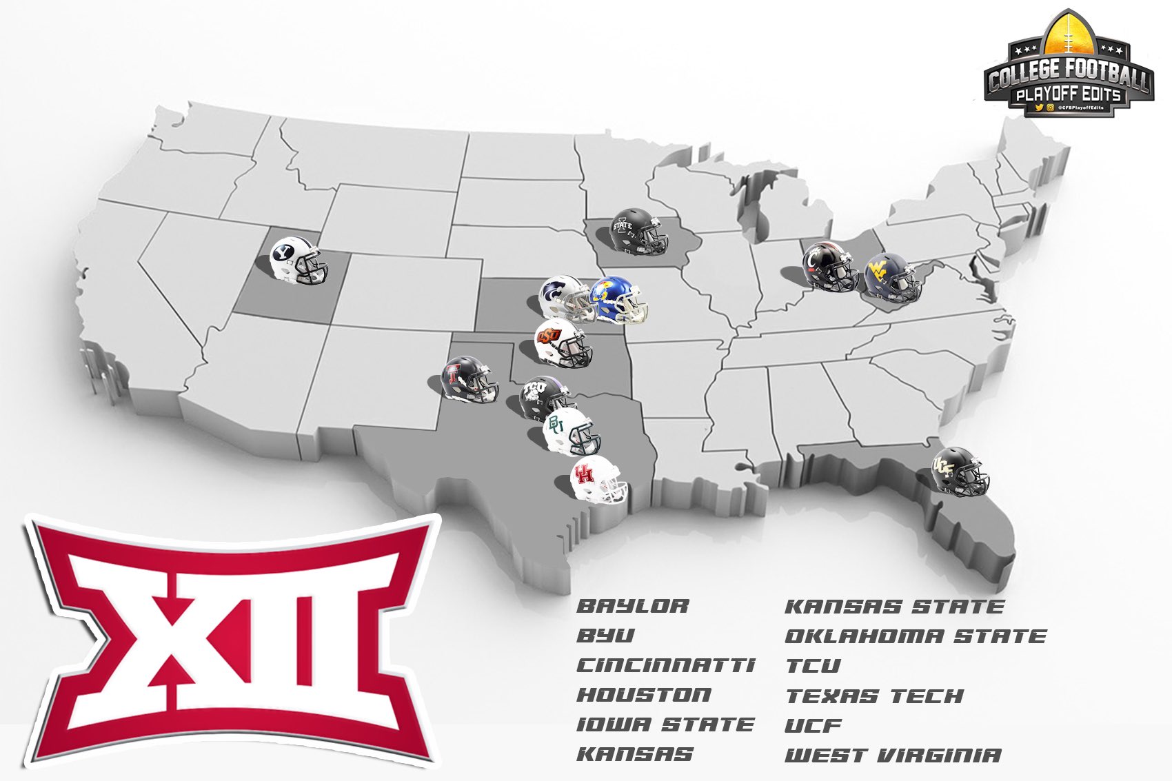 CFB Playoff Edits on X: "Map of the new Big 12 conference. Thoughts? #byu  #cincinnati #ucf #houston #baylor #oklahomastate #kansas #kansasstate  #texastech #iowastate #westvirgina #tcu #big12football #big12  https://t.co/17XFOKPQF8" / X