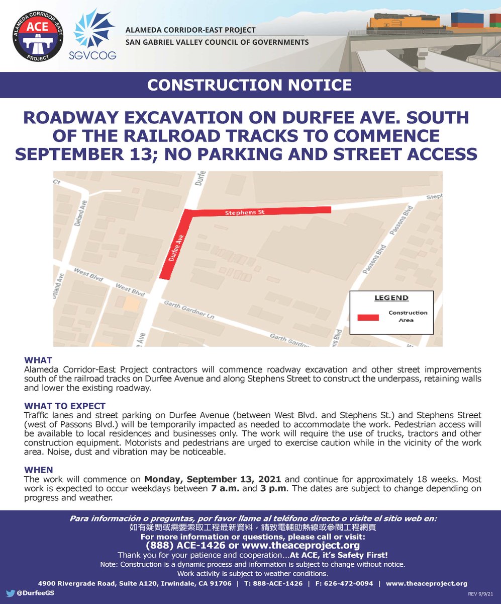 CONSTRUCTION ALERT: Roadway excavation on Durfee Ave south of the railroad tracks to commence Monday, September 13. More details ⬇️ #PicoRivera