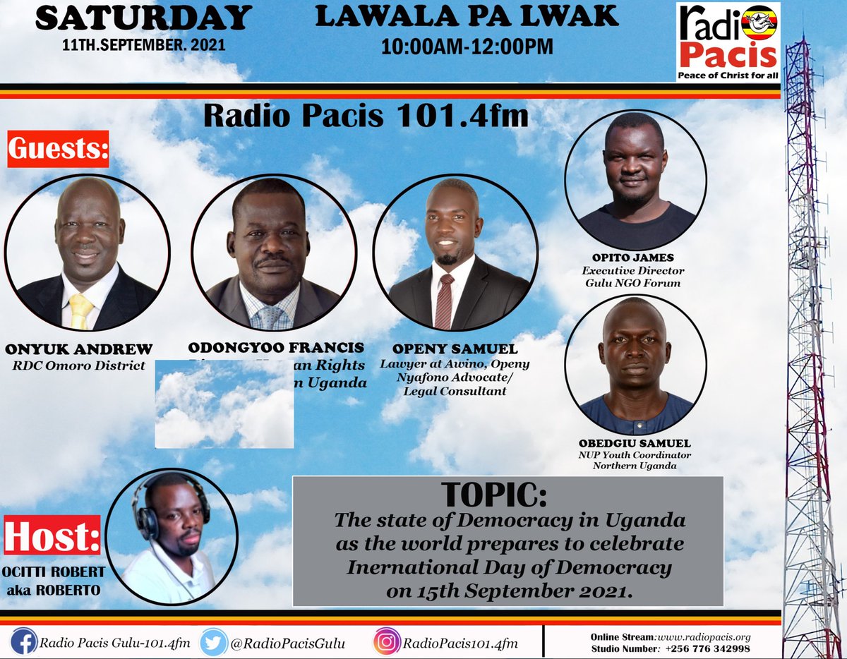 Don't Miss this tomorrow Saturday @10am.
Give us your opinion if Uganda is a true Democratic country.
#PeaceOfChristForAll 
@HRFcharity 
@onyukandrew1 
@NUP_Ug 
@NRMOnline 
@MACHINEmakproj1 
@jamesopito 
@choowilly 
@BenOngomTweets 
@larubirobert 
@LoumBernard