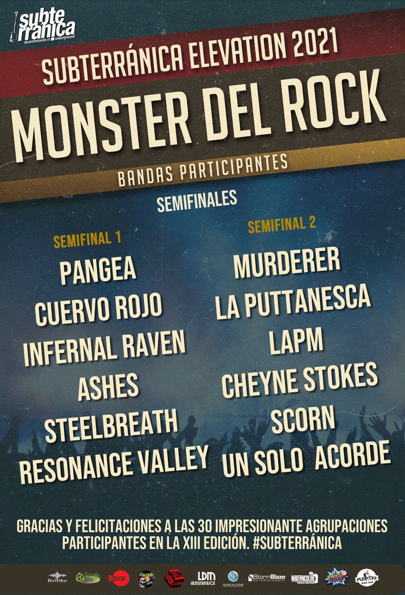 subterranica's tweet photo. Señores, presentando a los poderosos semifinalista del XIII Monster del Rock Subterránica 2021. Larga vida al rock colombiano. #Subterránica #monsterdelrocksubterránica #museodelrockcolombiano #PremiosSubterránica https://t.co/zXT7g0DZnq