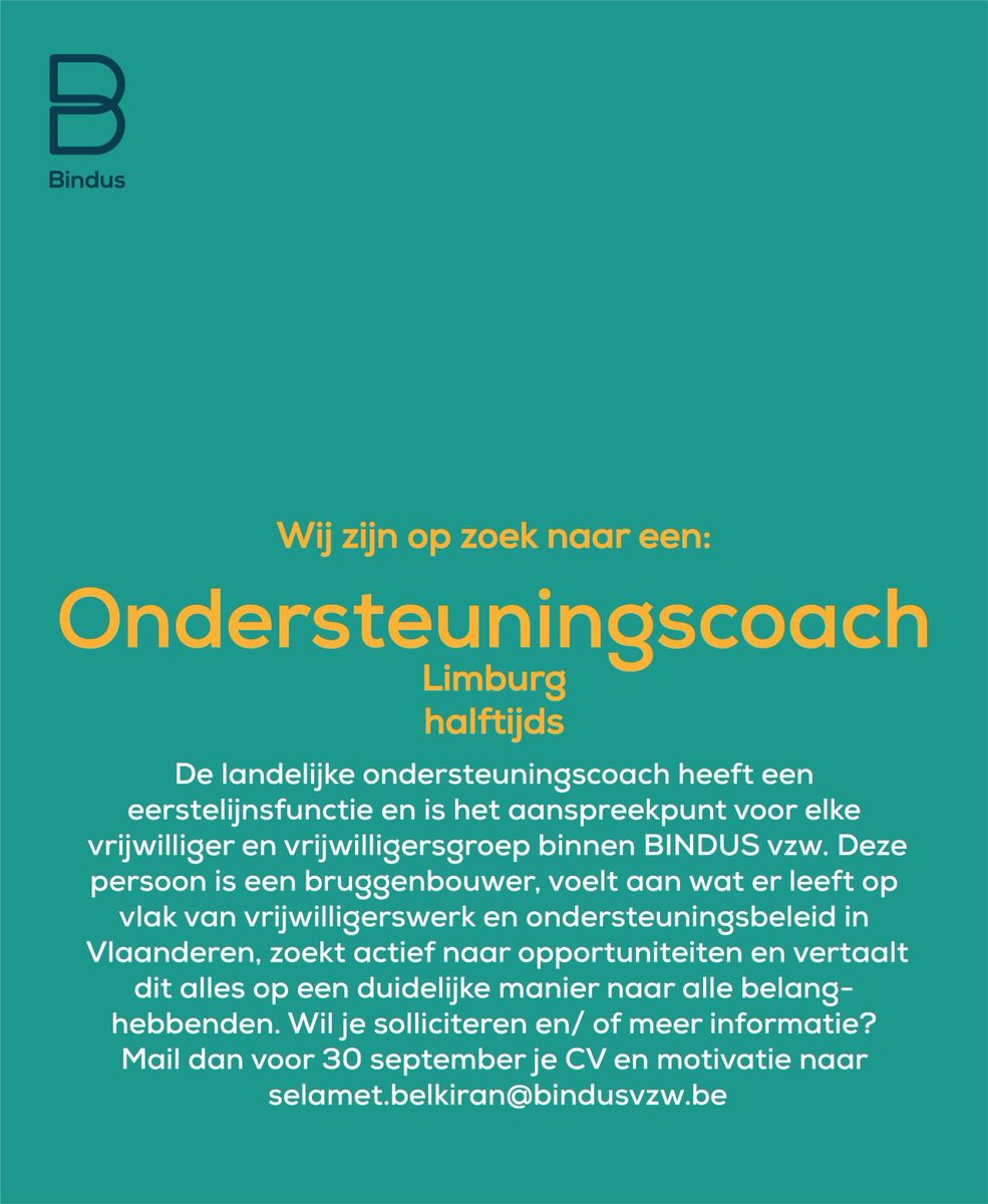 SelametBelkiran's tweet image. BINDUS IS HIRING! 

Ben of ken jij een gemotiveerde jobcoach/hunter of ondersteuningscoach die bij Bindus wenst aan te sluiten? 
Goed nieuws want Bindus is hiring en heeft meerdere vacatures open staan. 
Wie weet tot snel! @bindus_vzw #bindus #vacature