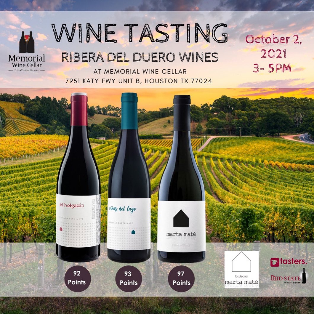 Join us for a Wine Tasting on October 2nd with a premium wines from Ribera del Duero, @bodegasmartamate 🍷
ONLY $15 /per person at Memorial Wine Cellar from 3 - 5PM. 
Small bites are included!
Purchase your ticket same day at Memorial. See you there #winelovers #winetasting