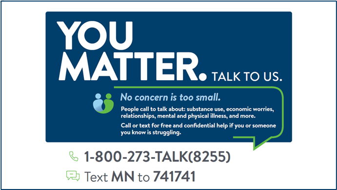 Today is #WorldSuicidePreventionDay. 
Take a moment to connect and reach out to someone who may need help. A simple phone call or hug can go a long way toward helping someone realize suicide isn't the answer. #YouMatterMN #YouMatterOlmstedCounty