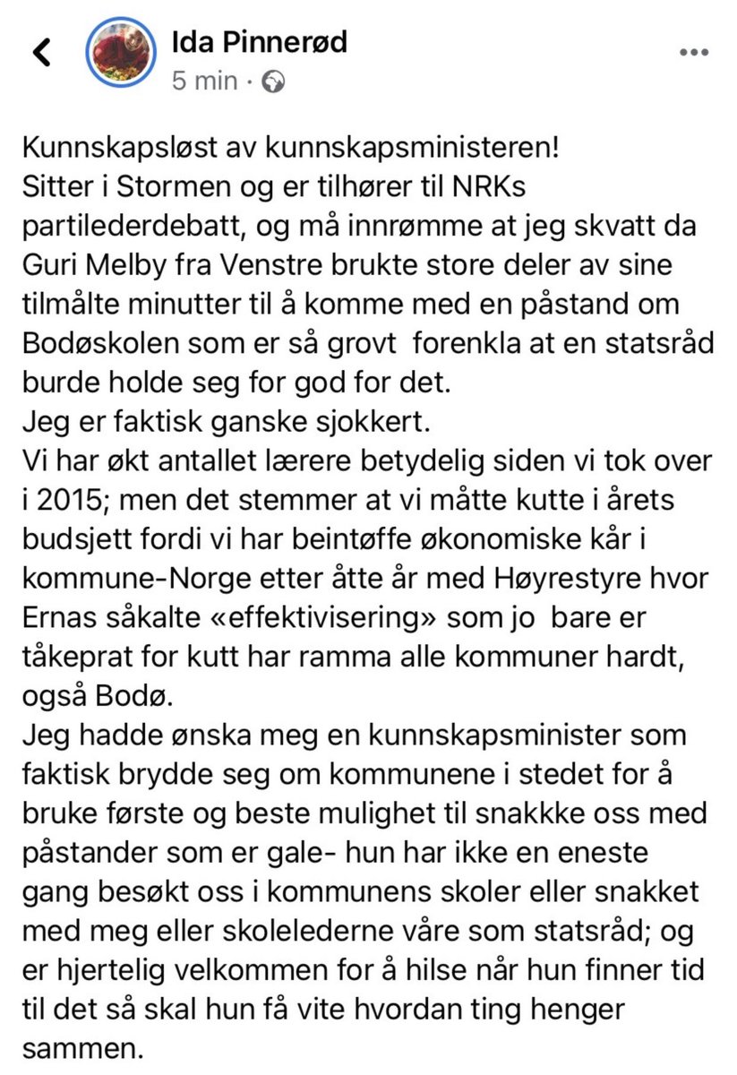 #nrkvalg Guri Melby påsto at Bodø kommune har kuttet lærere for å finansiere skolemat. Det er feil. Ordfører Ida Pinnerød forklarer: