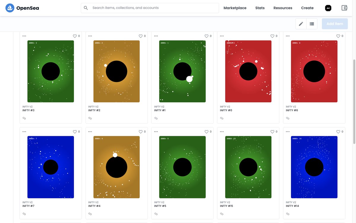 INFTY experiment
opensea.io/collection/inf…

O primeiro contrato na layer 2 do ETH a gente não esquece! Um agradecimento especial ao <a href="/NinoArtCripto/">Nino Arteiro</a> e <a href="/yaak_studio/">Yaak</a> por compartilharem seus conhecimentos 🙌❤️

#generative #vector #nft #solidity #polygon #matic #layer2 <a href="/opensea/">OpenSea</a>