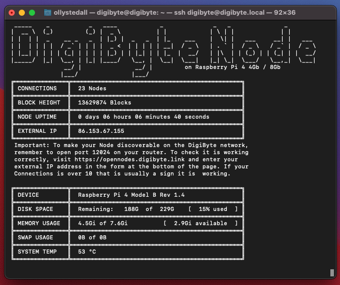 saltedlolly's tweet photo. I made a thing! It's a bash script that lets you monitor a #DigiByte Full Node running on a Raspberry Pi 4 (though could no doubt be adapted for other devices.) I'm irrationally proud of it because I've never written a bash script before. It took HOURS of Googling! https://t.co/OH4nkzhAQ5