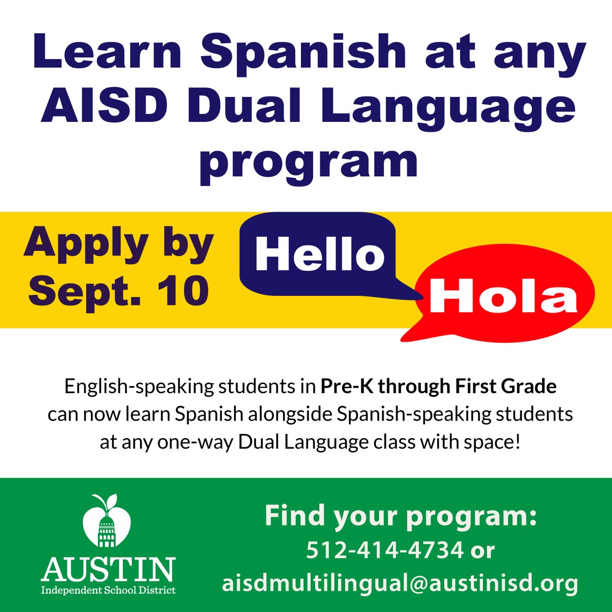 Your child can learn Spanish at any one-way Dual Language classroom with space alongside their Spanish-speaking classmates!" Apply by Sept. 10!