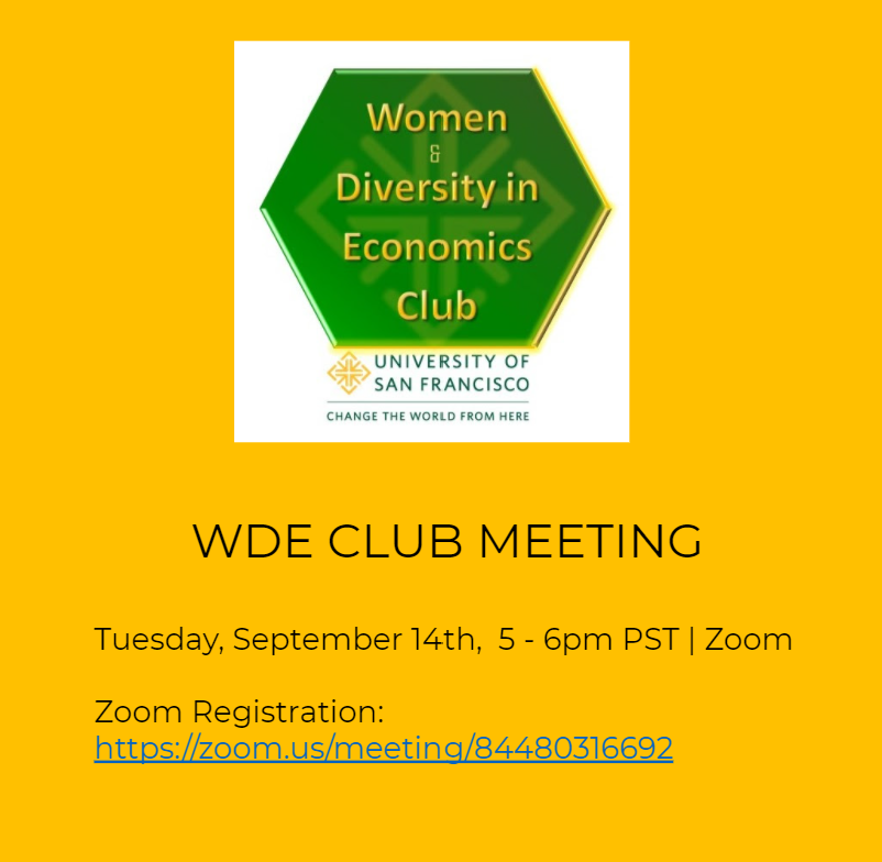 WDEusfca's tweet photo. Save the date! WDE Club is back on campus and excited to welcome our new members, returned members, and even alumni! Join us for our first meeting on September 14th from 5-6pm PST to meet the members and hear about all we have planned! 
Zoom Registration: https://t.co/mtiqAiqO9h https://t.co/yasaXxaWhQ
