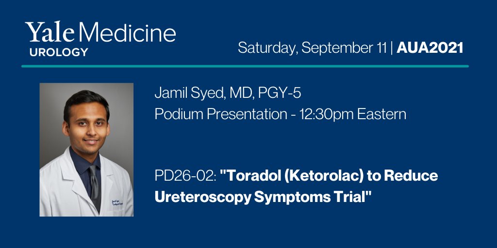 Yale_Urology's tweet photo. Jamil Syed, MD, PGY-5 @Uro_Jam reviews the use of #Toradol #Ketorolac at the time of #ureteroscopy in a podium discussion today at 12:30pm. #PD26-02 #AUA21 @YNHH @YaleMed https://t.co/AiF1RrjVdQ