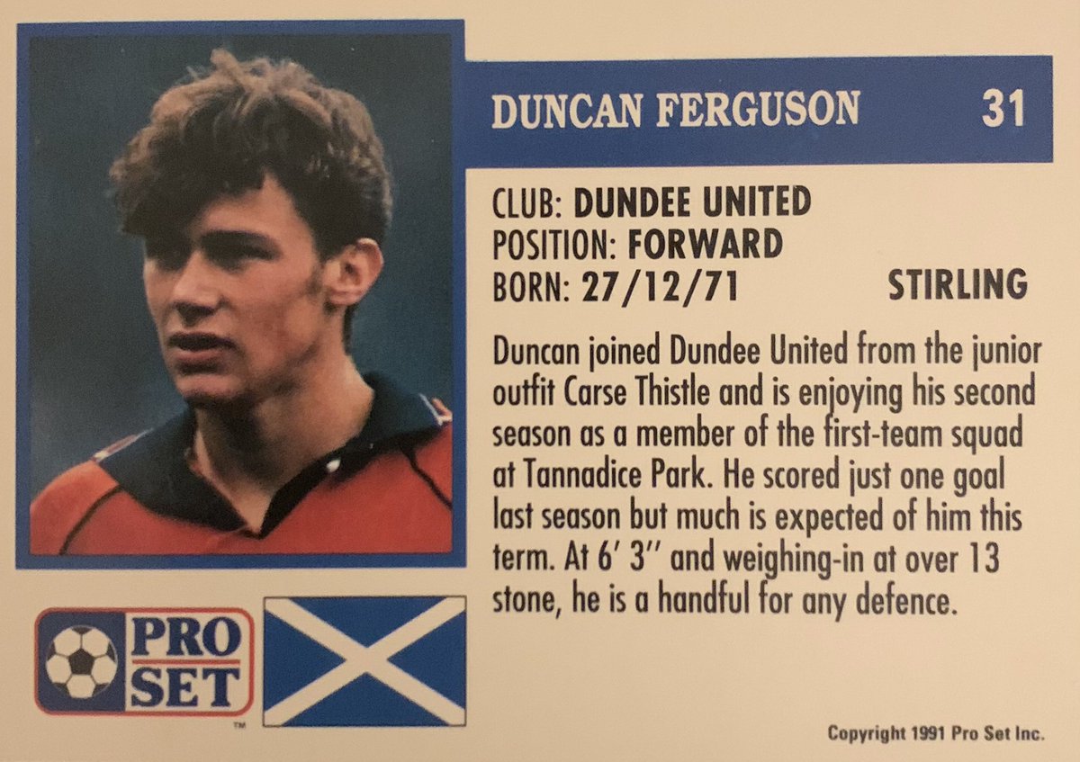 daily_set's tweet photo. Baby faced Duncan lived up to his expectations that season, scoring 16 times as @dundeeunitedfc top scorer. At the end of the next season he moved to @RangersFC for a then British record £4m. I wonder what became of him after that. #ProSet #ProSetDaily #duncanferguson https://t.co/XtpEvFBqbB