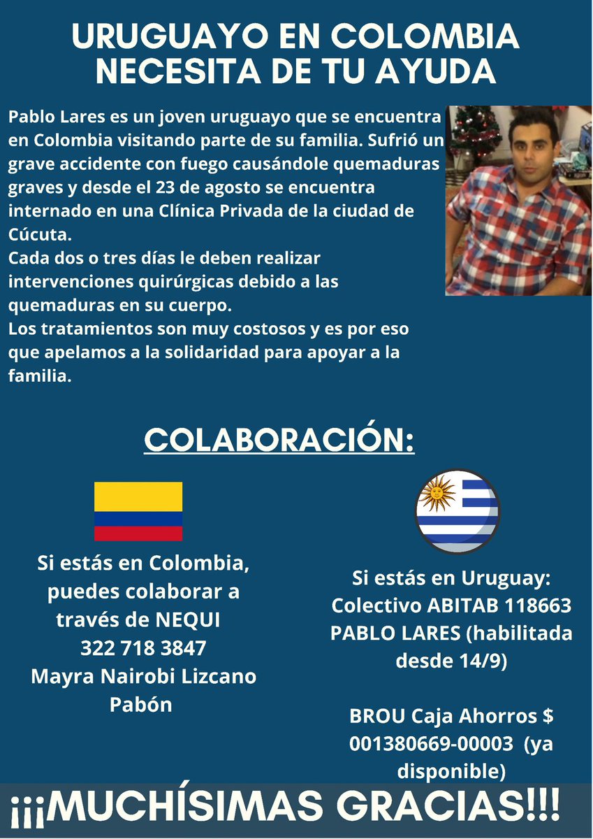 Llamado a la solidaridad. Joven #uruguayo sufrió grave accidente en #Colombia y necesita del apoyo de todos. La Embajada y el Consulado de Uruguay agradecen por anticipado a todas las personas que puedan brindar su apoyo.