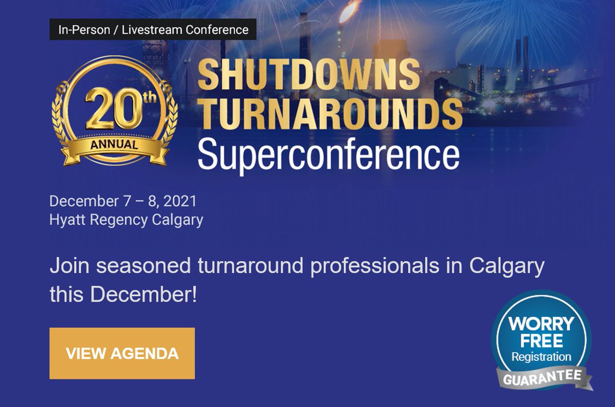 Canada’s leading event for the turnaround community is returning to Calgary! Attend the 20th Annual #Shutdowns #Turnarounds Superconference on Dec 7-8, 2021! 

SAVE $500 when you Register by Thursday, Sept 16 >> ow.ly/u1AW50G81PI

#EnergySectory #Canada