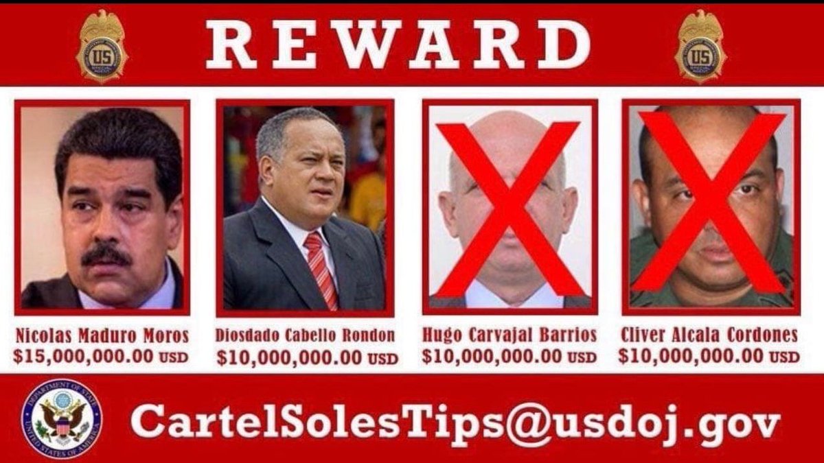 DERROTA DA DITADURA!

COMPARSA DE MADURO, HUGO CARVAJAL, PRESO EM MADRI!

A DEA oferece recompensa pela captura dos chefes do Cartel de Los Soles. Maduro está na lista e são oferecidos 15 milhões de dólares por sua captura. Dois já foram!

Tic-tac