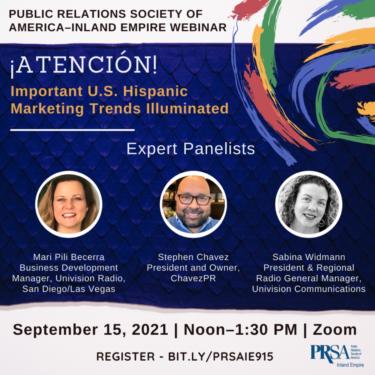 prsaie's tweet photo. In honor of Hispanic Heritage Month, PRSA Inland Empire is hosting a virtual panel discussion on effective marketing strategies that focus on the Hispanic consumer.
#prsa #prsaie #event #webinar https://t.co/nizwngIsfi