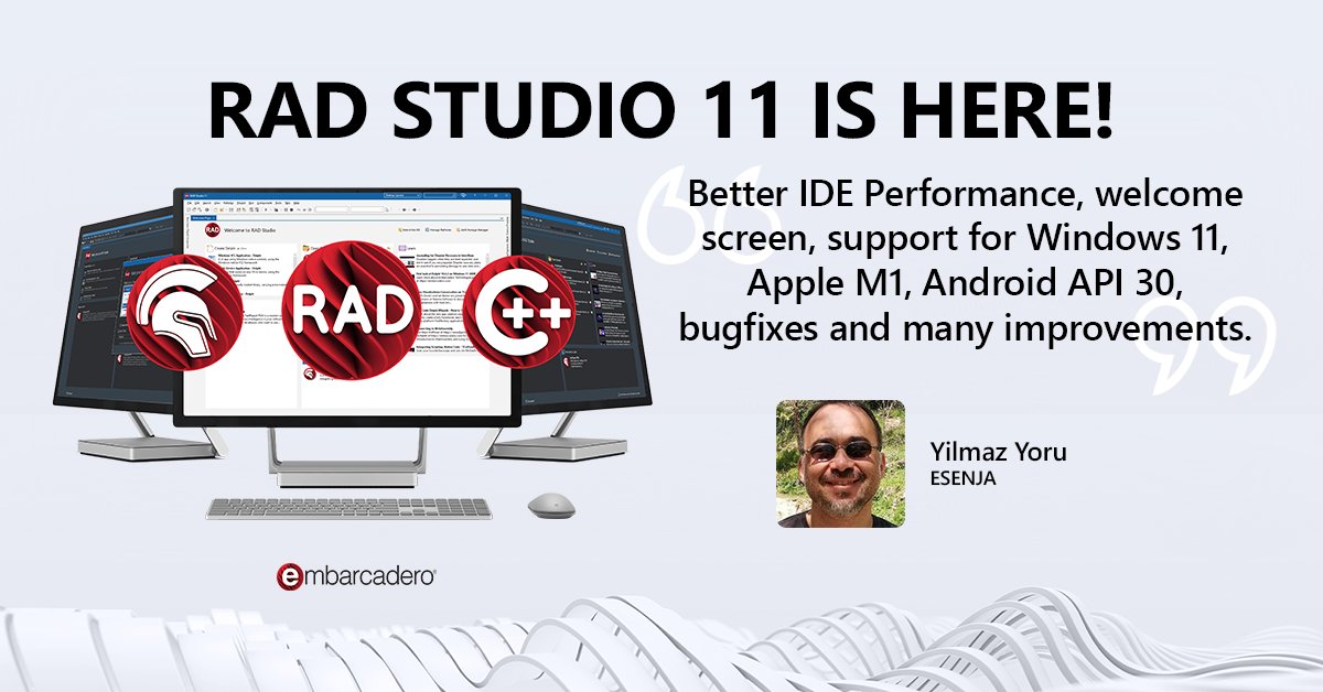 EmbarcaderoTech's tweet photo. "Better IDE Performance, welcome screen, support for Windows 11, Apple M1, Android API 30, bug fixes and many improvements." Yilmaz Yoru, ESENJA #RADStudio11isHere @esenjaCompany  

See What’s New in #RADStudio11: https://t.co/XJus9RjIeL https://t.co/0GXau33Km0