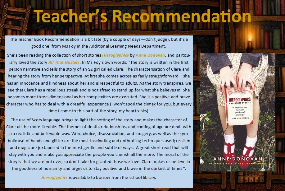 It's been a very busy week so tonight is for catching up on social media. The #TeacherRecommendation from Ms Foy in the Additional Learning Needs dept is 'All That Glisters' by #AnneDonovan, a short story in the 'Hieroglyphics' collection. #SchoolLibraries #GlasgowSchoolLibraries