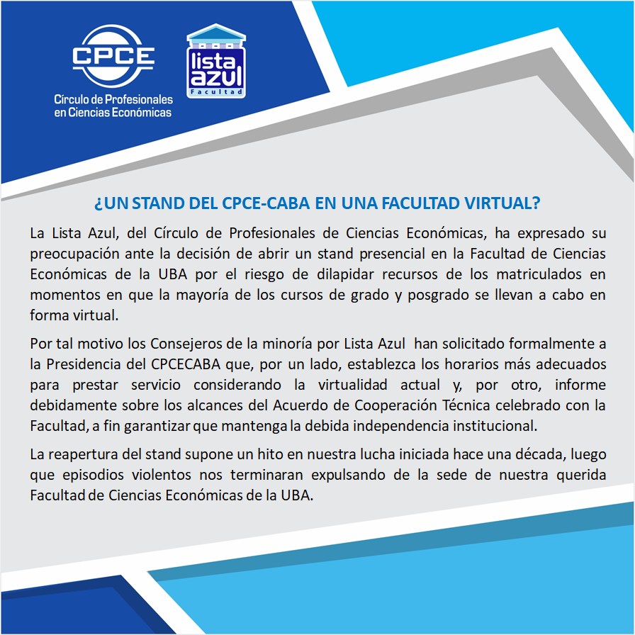 AZULCPCE's tweet photo. ¿UN STAND DEL CPCE-CABA EN UNA FACULTAD VIRTUAL?

#follow #contadorpublico #pymes #ListaAzul #circulolistaazul #pymes #contabilidadyfinanzas #administraciondeempresas #facultadcienciaseconómicas #academico #economicas #económicas #profesionales #profesionales https://t.co/2jMRG25IIw