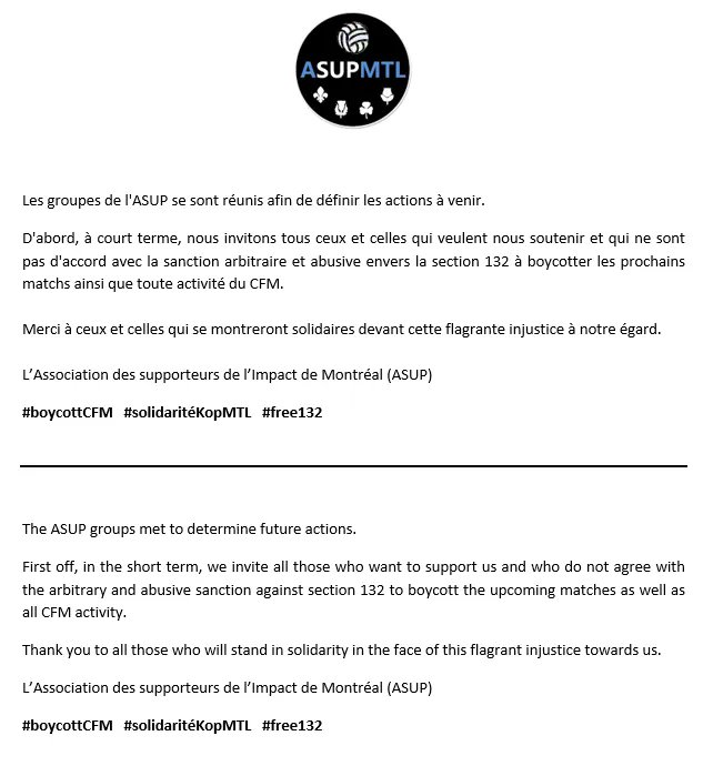 Allez l'Impact, allez Montréal! 

On partage svp / RT please 

#BoycottCFM #SolidaritéKopMTL #Free132