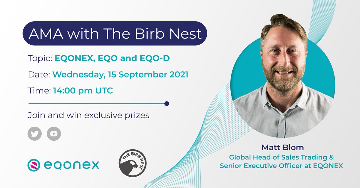 eqonex's tweet image. Mark your calendar for our exclusive AMA with @TheBirbNest where Global Head of Sales Trading @Matt1Blom will share why holding #EQO just got better with the upcoming EQO Dollars airdrop.

Tune in on September 15, 14:00 UTC. More details are coming soon.