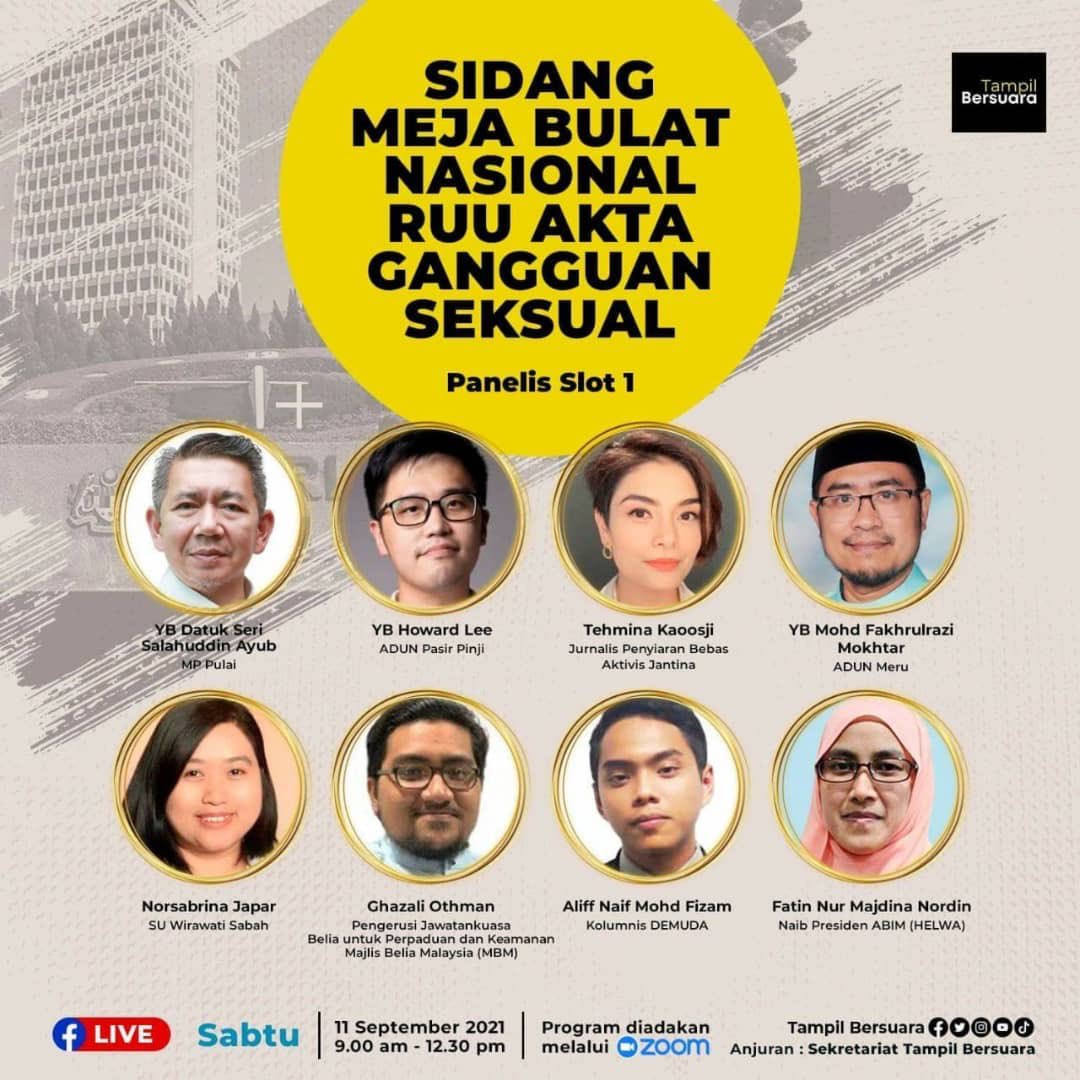 TehminaKaoosji's tweet photo. TODAY: 9.45am-10.45am-JOIN US!
@tampilbersuara Sidang Meja Bulat Nasional RUU Akta Gangguan Seksual 2021
Slot 1 : Implikasi RUU Akta Gangguan Seksual Kepada Masyarakat
sertai di ZOOM : https://t.co/50bb3sIi6d
#sexualharassmentbill https://t.co/oB4ASR0dtB