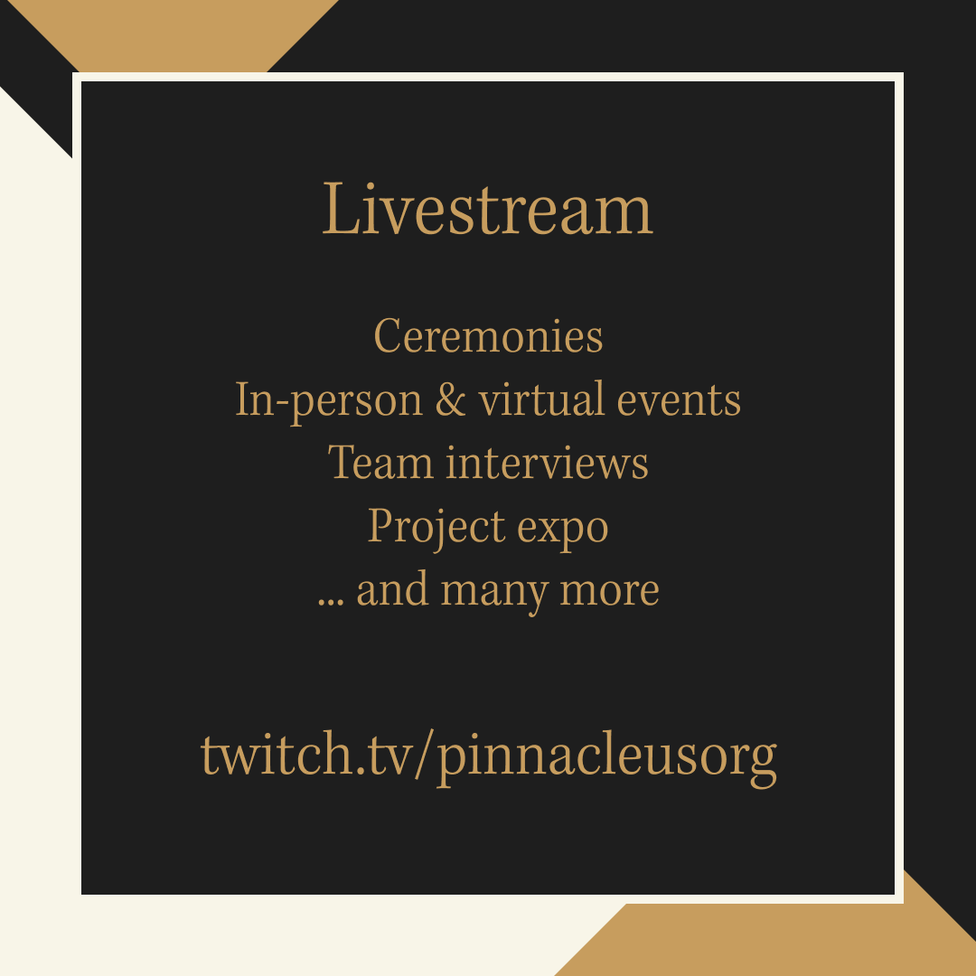 pinnacleusorg's tweet photo. We will be livestreaming the entire event on Twitch including our ceremonies, in-person and virtual events, team interviews, project expo, and much more. Tune in at https://t.co/VhyLPjD42B on September 17th starting at 5:30PM CDT!

#pinnacle #olympicsofhackathons #hackathon #tech https://t.co/4wjKI1ggks