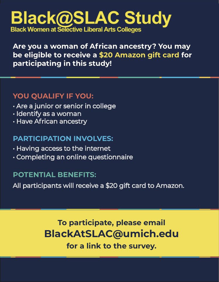 Hey Twitter fam! I am recruiting students for my study on racial and religious experiences at college! Findings may inform efforts to empower Black undergraduate women &amp; make institutional changes in programming, outreach, &amp; perspectives to help Black women thrive in college.