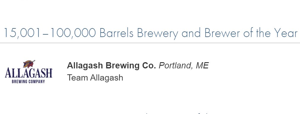 To round out the big night for <a href="/AllagashBrewing/">Allagash Brewing Co</a> at the #GABF2021, the company was also named as a 2021 Champion Brewery in their size category of 15,001 - 100,000 barrels of beer a year.