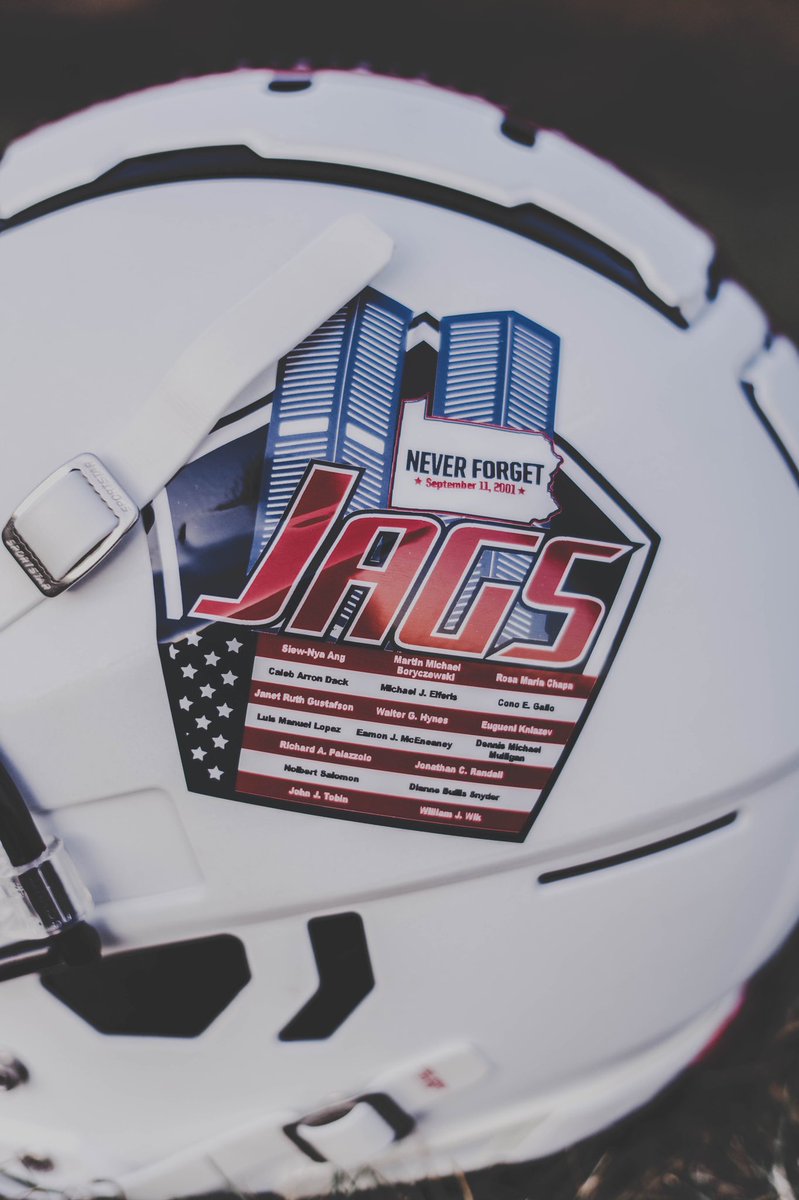 UNISWAG's tweet photo. Every player for @WeAreSouth_FB will wear a decal on each side of their helmet which will honor those that lost their lives on 9/11. 2,983 lives were lost that day, so 2,983 names will be represented across the players helmets.

#uniswag https://t.co/jVnxgTzecm