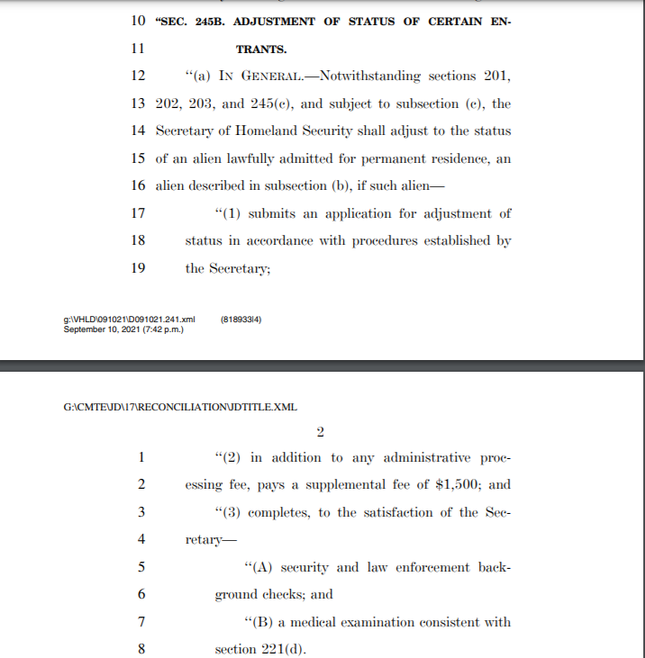 ReichlinMelnick's tweet photo. Here is the text of the House immigration reconciliation bill. It begins with basic requirements for all applicants:

1) Submit a valid application under the new rules.
2) Pay $1,500.
3) Pass background and medical checks.

https://t.co/fPpiK1tmiD https://t.co/8LQwvMxOXU