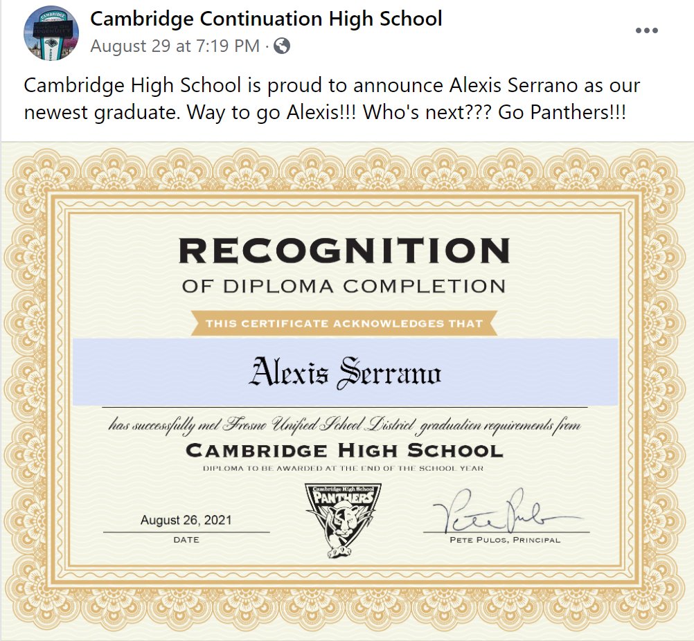 Cambridge High School is proud to announce Alexis Serrano as our newest graduate. Way to go Alexis!!! Who's next??? Go Panthers!!!!