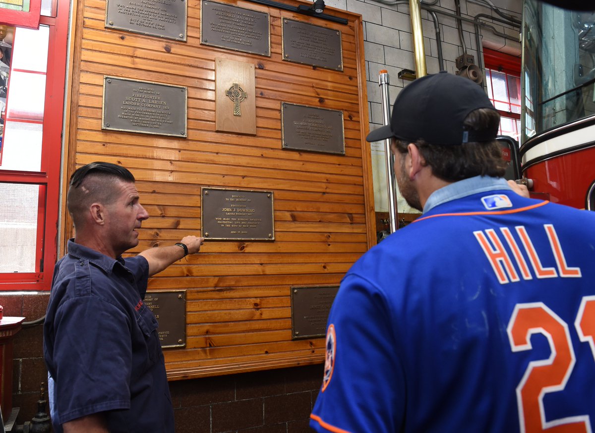 FDNY's tweet photo. Thank you New York Mets players Noah Syndergaard and Richard Hill for visiting FDNY #Engine325 #Ladder163 in Queens, continuing the tradition of visiting a firehouse around the anniversary of September 11. (Photo Credit: @Mets) https://t.co/apwMyISd82