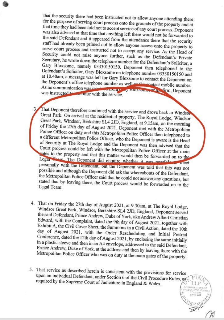 Gr8platesUK's tweet photo. NEW on Prince Andrew. @metpoliceuk 
According to documents filed to the New York court - the papers from the Virginia Giuffre lawsuit *have now been served on the Prince.
They were handed over in an envelope to a ⁦@metpoliceuk officer at the gates of Royal Lodge, Windsor on 27/8 https://t.co/o5ENJq5iMf