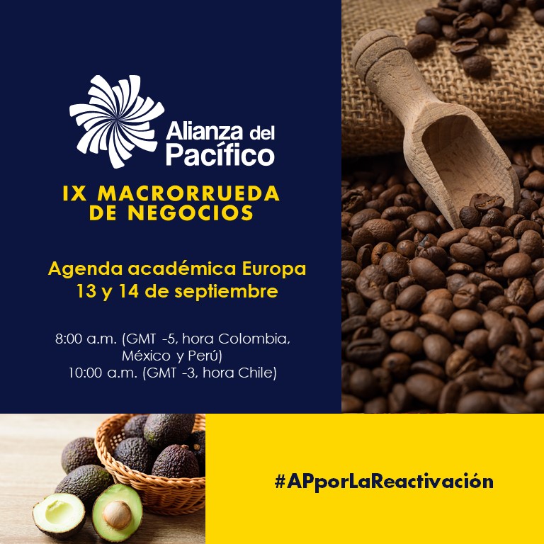 ¡Este 13 y 14 de septiembre participa de la agenda académica de la IX Macrorrueda de Negocios de #AlianzaDelPacífico, con foco en Europa! Hablaremos de comercio electrónico, oportunidades para productos orgánicos, entre otros.
Registro bit.ly/3ld8gMT #APporLaReactivación