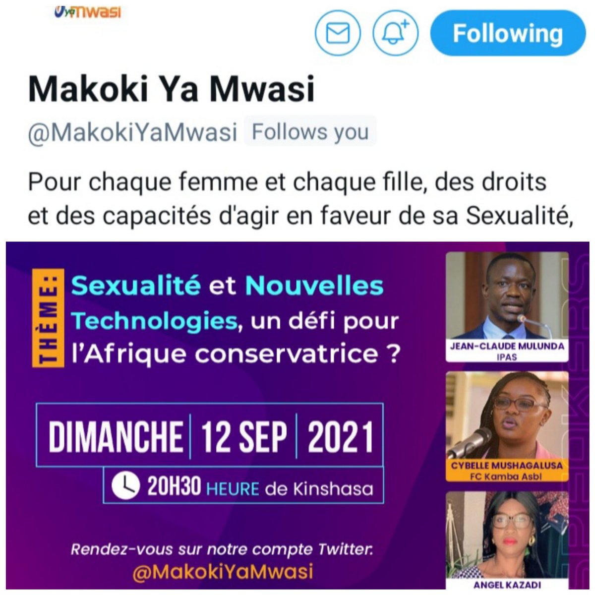 N'oubliez pas de vous connecter et suivre le compte <a href="/MakokiYaMwasi/">Makoki Ya Mwasi</a> ce dimanche 12/9/2021 à 20H30  pour que nous puissions débattre sur le thème :La sexualité et Nouvelles technologies,un defi pour l'Afrique conservatrice ?<a href="/Mulunda_JC/">J-Claude MULUNDA</a>
<a href="/giressbaggothy/">3R MémoireRDC "GBBNS"</a> <a href="/rkitsita/">Rachel Kitsita Ndongo</a>